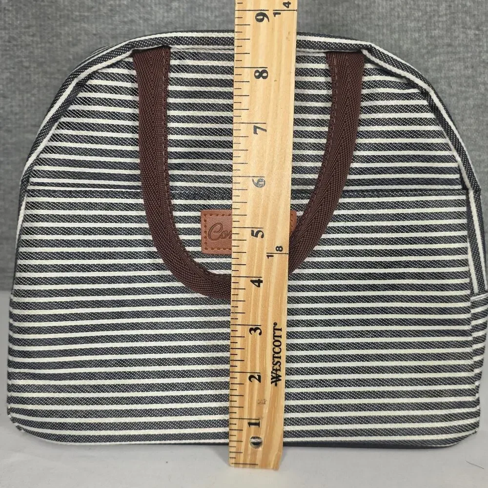 COMFYTIME INSULATED LUNCH BAG – BLACK/WHITE STRIPES – ZIP TOP / THERMAL LINING